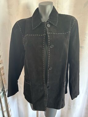 Women’s Black leather  Button-Front Jacket with Contrast Stitching